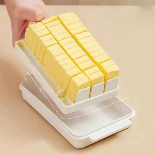 Vista 5 de Mantequillera con tapa, recipiente de mantequilla transparente para refrigerador y encimera, caja de corte de mantequilla, bandeja de mantequilla
