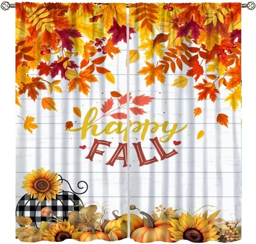 Vista 9 de Cortinas de calabaza enana de otoño, decoración del hogar de Acción de Gracias en otoño, patrón de hojas de arce y girasol, 42 pulgadas de ancho x
