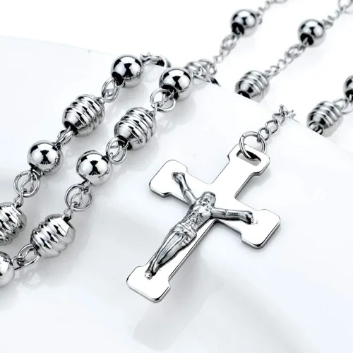 Vista 2 de Blowin Collar de acero inoxidable plateado con colgante de cruz de Jesús para hombres y mujeres, cadena de 30 pulgadas, Acero inoxidable