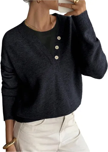 Vista 15 de SOLY HUX Suéteres Pullover para Mujer de Manga Larga con Botones Cuello Redondo 2 en 1 Tops de Punto Holgados Albaricoque puro