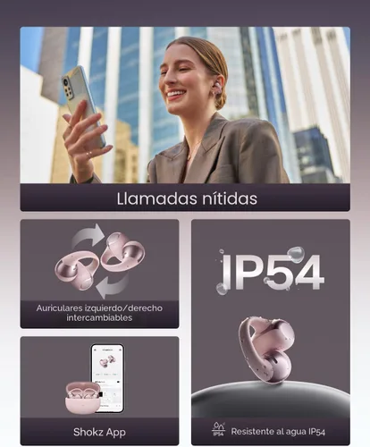 Vista 7 de SHOKZ OpenDots ONE - Auriculares de oído abierto, Auriculares de clip - Auriculares inalámbricos Bluetooth con micrófono - Seguros, ligeros, Rosa
