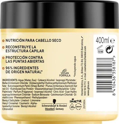 Vista 8 de Schwarzkopf Gliss 4 en 1 Máscara máscara con proteína y manteca de karité 13.5 fl oz