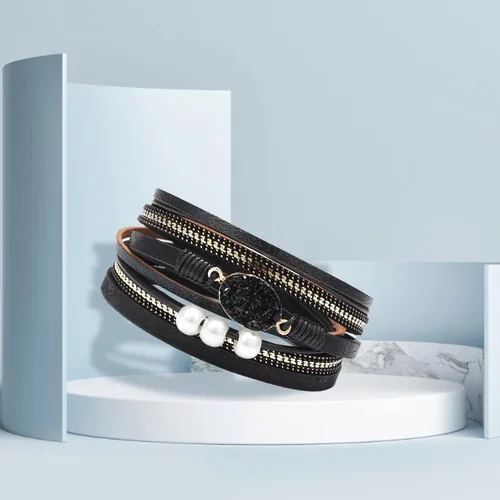 Vista 3 de Long tiantian Pulseras para mujer, pulseras bohemias de moda, pulseras de cuero para mujer, pulseras apilables de varias capas, joyería occidental