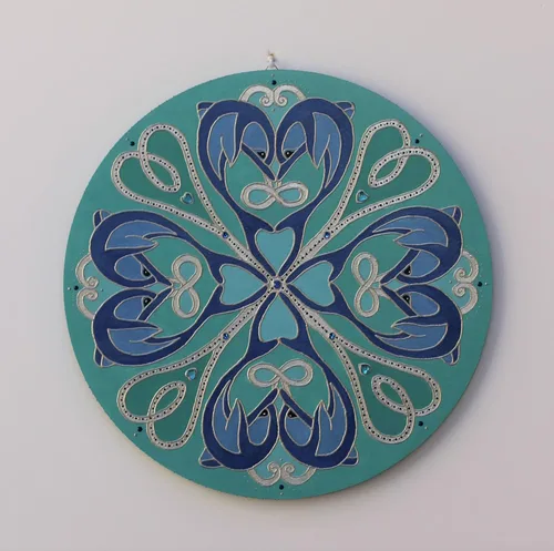 Vista 2 de Turquoise Teal Blue Dolfin Mandala Wall Hanging, Original Round Art Painting with Dolphins, Hand Painted Coastal Home Decor with Ocean Vibes