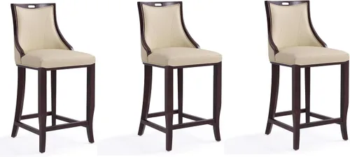 Vista 11 de Manhattan Comfort Emperor Taburetes de bar de cuero vegano con respaldo, acolchado de espuma y marco de madera de haya maciza, taburete de bar bronce