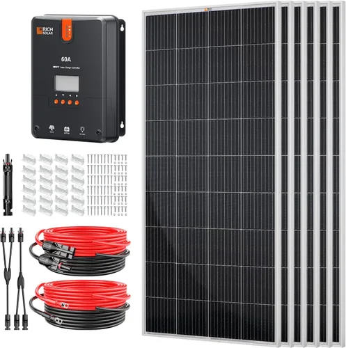Vista 12 de RICH SOLAR El kit solar de 100 vatios contiene panel monocristalino de alta eficiencia de 100 W con 9 barras colectoras y controlador MPPT de 20 A