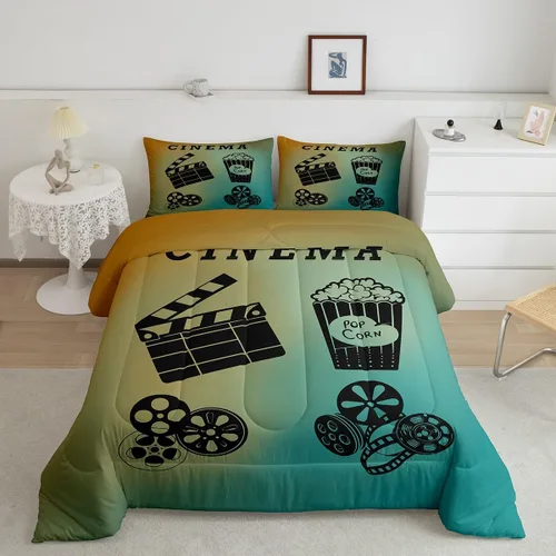 Vista 2 de Juego de edredón de cine tamaño individual, ropa de cama vintage de cine para niños, niñas y adultos, juego de edredón de palomitas de maíz