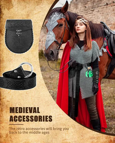 Vista 3 de Ramede 5 piezas de accesorios renacentistas de Halloween, cinturón vikingo medieval en relieve, bolsa de cinturón con hebilla, brazos, botella