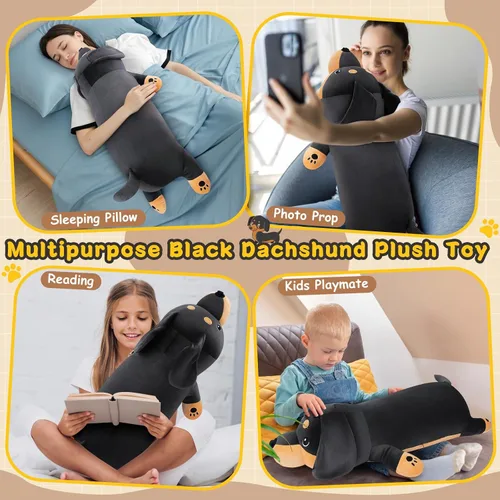 Vista 5 de Peluche de Perro Salchicha Negro Gigante de 30'' - Animal de Peluche de Perro Weiner Grande, Almohada de Peluche, Peluches, Juguete de Peluche