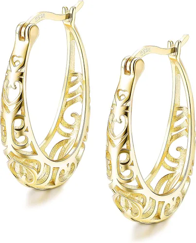 Vista 4 de Milacolato 925 Sterling Silver Hoop Earrings for Women 18K White Gold Plated Textured Filigree Oval Hoop Earrings Lightweight & Hypoallergenic