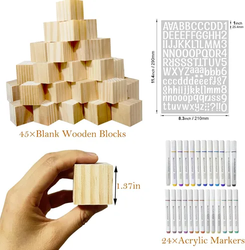 Vista 6 de Kit de decoración de bloques de madera para baby shower, juego de manualidades con temática de abeja 45 cubos de madera en blanco y 24 pinturas