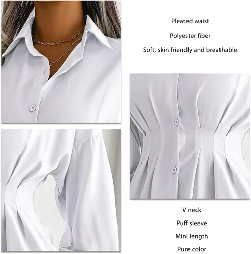 Vista 2 de Mini vestido camisero, plisado cintura ceñida asimétrica, vestido camisero blanco manga de fibra de poliéster, mini cuello de solapa abotonado