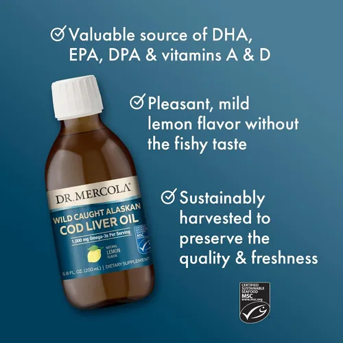 Vista 4 de Dr. Mercola Aceite de hígado de bacalao de Alaska Wild Caught, 6.8 onzas líquidas (6.8 fl oz), 40 porciones, 1,000 mg de omega-3 por porción