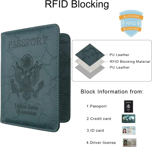 Vista 4 de WALNEW Soporte para pasaporte para viajes, funda de pasaporte RFID para mujeres y hombres, funda de piel sintética para pasaporte con soporte