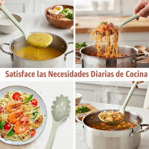Vista 3 de Juego de 2 utensilios de cocina de silicona para espaguetis y cucharón de Verde
