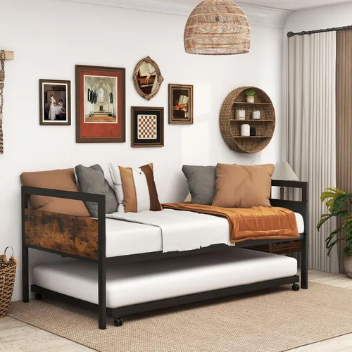 Vista 3 de KOMFOTT Sofá cama de metal de tamaño individual con nido, marco de sofá cama con cabeceras de madera, soporte de listones de metal, marco de sofá