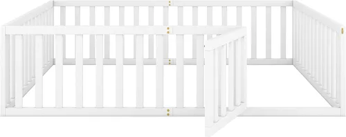 Vista 8 de Harper & Bright Designs Cama de suelo Queen con rieles, marco de cama de piso de madera con valla y puerta, para niños y niñas (blanco)