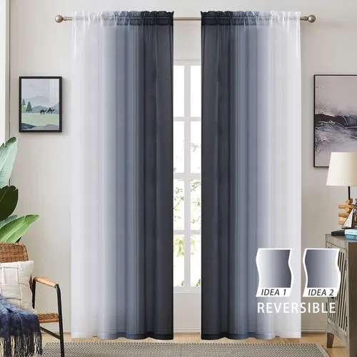Vista 2 de July Joy Ombre - Cortinas de lino sintético semitransparente para habitación y sala de estar, 2 tonos reversibles, privacidad y filtro de luz