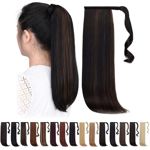 Vista 22 de Extensiones de cola de caballo negras, colas de caballo rizadas con clip, 22 pulgadas, 3.5 onzas, extensión de cabello sintético envolvente del pelo
