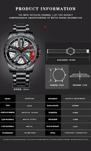 Vista 5 de Gosasa Men Racing Watches rotatable Car Rim Wheel hub Design Sports Watches Stainless Steel Retro Waterproof Watch