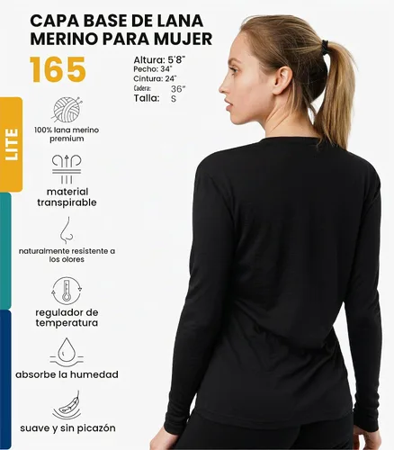 Vista 2 de 100% lana merino capa base mujer - camisa térmica de manga larga con 165 Negro