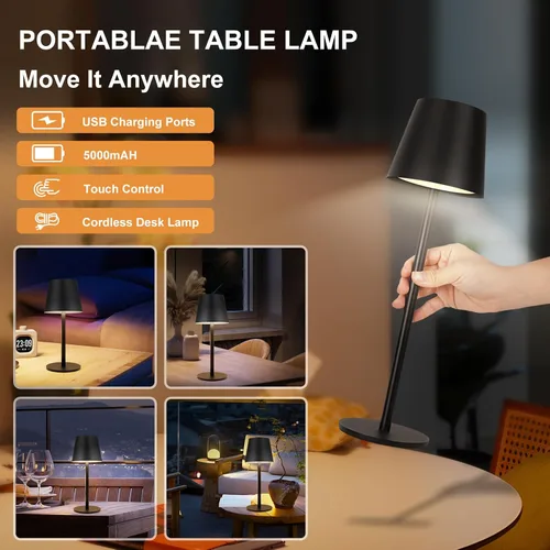 Vista 3 de Lámpara de mesa inalámbrica de metal, lámpara de batería recargable de 5000 mAh con 3 secciones de altura ajustable (8.8 a 20 pulgadas), control