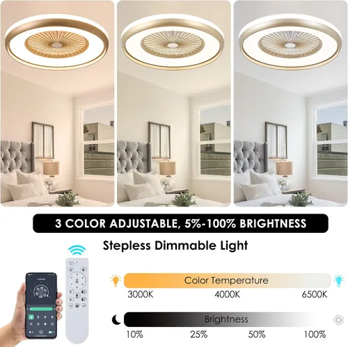 Vista 3 de Ventilador de techo sin aspas de 24 pulgadas con control remoto de luz, ventiladores de techo LED inteligentes con control de aplicación, ventilador