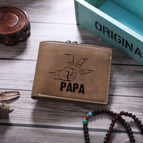 Vista 5 de Wendy Made Billetera personalizada para papá o papá, carteras de cuero personalizadas para el día del padre grabadas con nombre y imagen, regalos