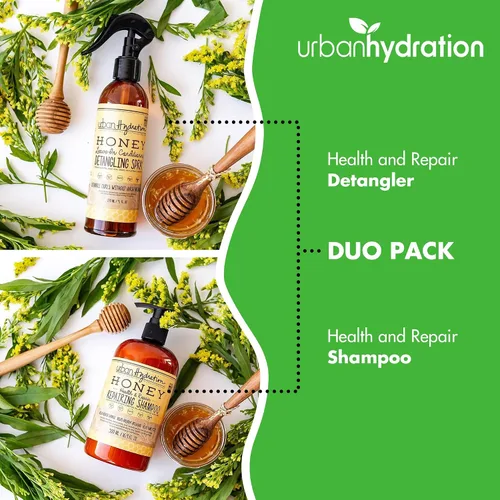 Vista 4 de Urban Hydration Honey Health and Repair Champú y desenredante Duo Pack Sin sulfatos, parabenos ni tintes, limpia, desenreda, hidrata, doma