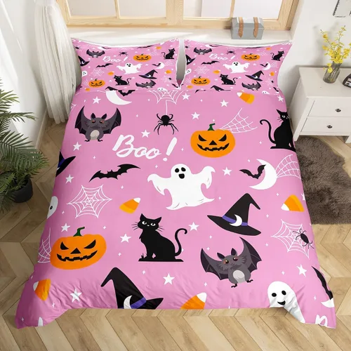 Vista 23 de Juego de ropa de cama de Halloween, funda de edredón gótica de murciélagos negros con telarañas, funda de edredón individual, diseño de arañas