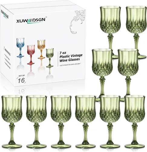 Vista 18 de XUWAIDSGN 16 Piezas Copas de Vino Vintage de Plástico de 7oz Vasos para Beber Irrompibles Cristalería para Bodas Copas de Agua de Cristal