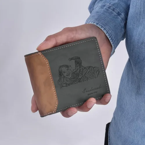 Vista 5 de Carteras personalizadas para hombres, cartera personalizada para hombre con imagen grabada y nombre, billetera delgada de cuero plegable, regalos