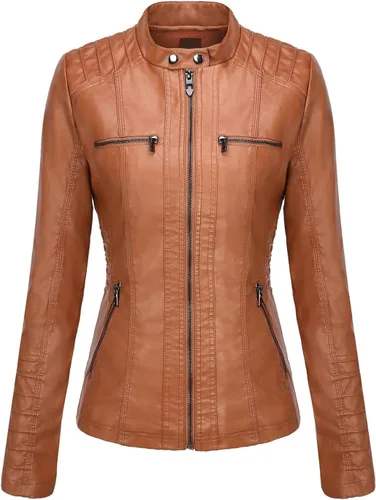 Vista 4 de Springrain Women's Faux Leather Jacket Moto Biker Coat with Detachable Hood Motorcycle Jacket