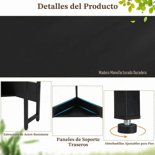 Vista 6 de COSTWAY Escritorio esquinero para computadora, con puertos USB y toma de corriente, estante de almacenamiento para espacios pequeños, escritorio