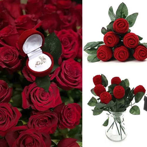 Vista 3 de BASEMMAHER Caja de anillo de rosa de terciopelo rojo para el día de San Valentín, ramo de flores de compromiso romántico, joyero, joyero, baratijas