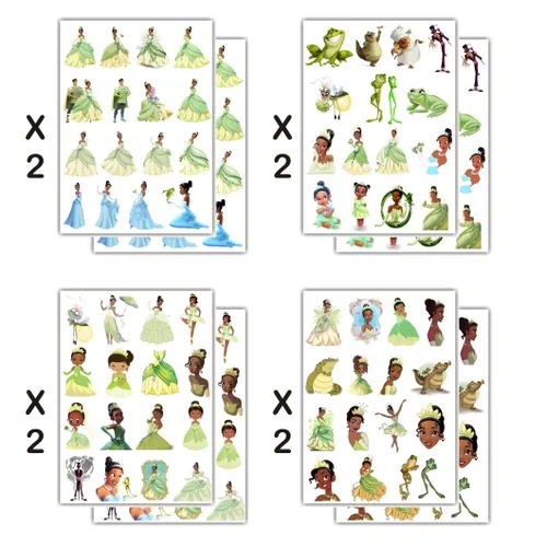 Vista 2 de 8 hojas de tatuajes temporales de princesa Tiana para suministros de fiesta, tatuajes temporales de princesa y rana para decoraciones de fiesta