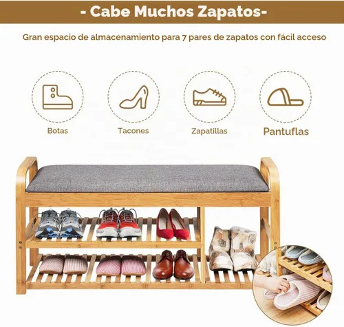 Vista 3 de GIANTEX - Banco de zapatos de bambú, banco de entrada de 3 niveles con cojín, carga máxima de 330 libras, moderno estante de almacenamiento