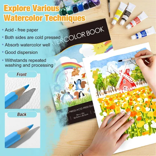 Vista 3 de Creazic Bloc de Papel para Acuarela, 9"x12" Cuaderno de Acuarela, 140 lb/300 gsm, 18 Hojas Prensado en Frío - Sin Sangría, Papel de Arte Pesado
