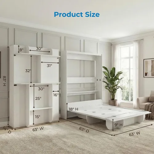 Vista 3 de Mjkone Cama Murphy de pared vertical Queen con estante de almacenamiento