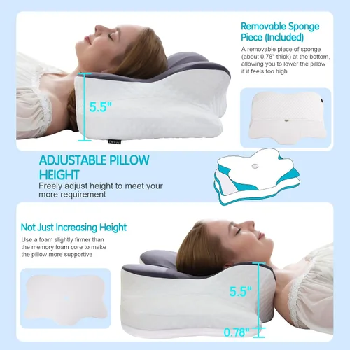 Vista 6 de Almohada cervical para aliviar el dolor de cuello, almohadas de espuma viscoelástica de contorno, almohada ortopédica ajustable con funda