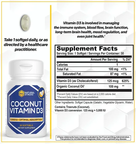 Vista 2 de NATURAL STACKS Suplemento de vitamina D de 5000 UI, con aceite de coco para una absorción óptima, píldoras de vitamina D para inmunidad