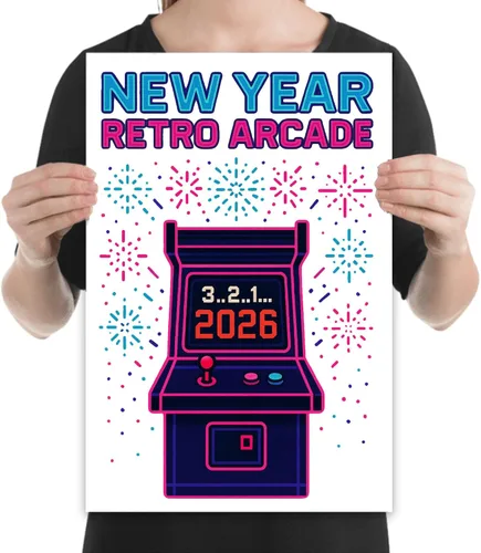 Vista 2 de Retro 80s Arcade Art Poster - Pixel Fireworks New Year Countdown - Gloss Paper Finish - Gaming Room Decor