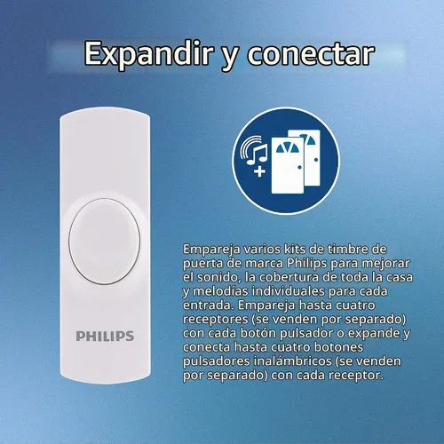 Vista 5 de Philips Kit de timbre inalámbrico, receptor enchufable, 1 botón pulsador, 2 melodías 4 niveles de volumen, aula, hogar, timbre de tienda, rango