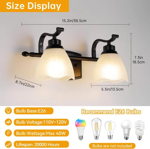 Vista 4 de Lámparas de baño (2 luces, 38 cm), luces de tocador mate negras para baño con pantalla de vidrio esmerilado blanco, luces de pared modernas