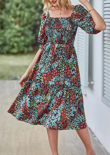 Vista 3 de PRETTYGARDEN - Vestidos informales de verano y primavera para mujer, manga abombada, cuello cuadrado, acampanados, bohemios, florales, fruncidos