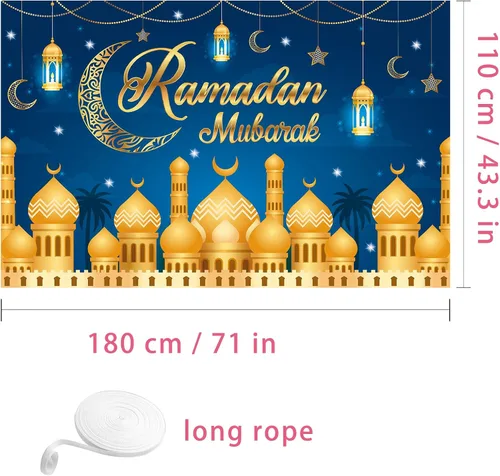 Vista 2 de Decoraciones de Ramadán para el hogar - 71 x 44 en Ramadán Banner Mubarak Mesa Mubarak Signo Telón de fondo Favores Colgantes Decoraciones