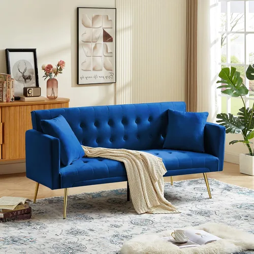 Vista 3 de Anwick Sofá Cama Futón de Terciopelo Moderno de 72", Sofá Cama Plegable Convertible con 3 Respaldos Ajustables, Sofá de Dos Plazas Reclinable Azul