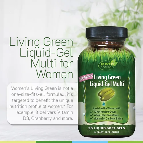 Vista 5 de Irwin Naturals Living Green Liquid Gel Multi para Mujer - 90 Geles Líquidos Suaves