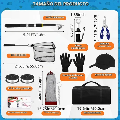 Vista 2 de Combo de caña de pescar telescópica y carrete de 2 piezas, kit de caña de pescar plegable con alicates para labios, señuelos, bolsa de transporte