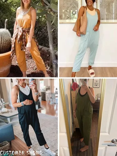 Vista 5 de DEEP SELF Overol suelto casual con cuello en V para mujer, sin mangas, tirantes delgados ajustables, pantalones largos harén, overoles con bolsillos
